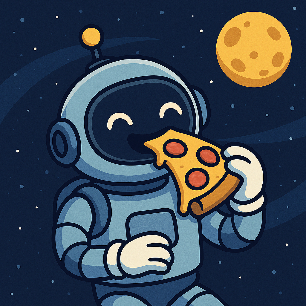 A robot eating pizza in space