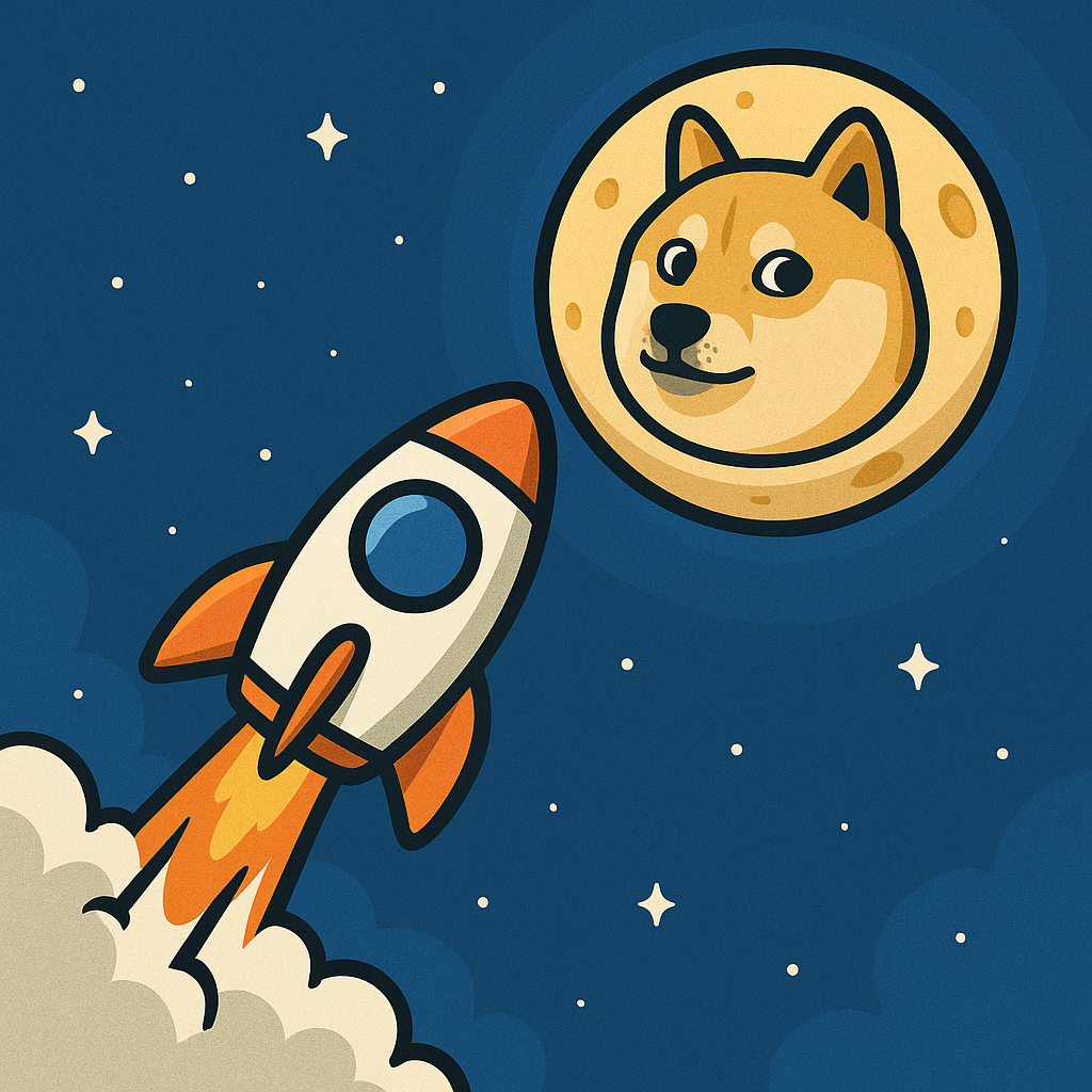 A rocket flying to the moon with a doge face